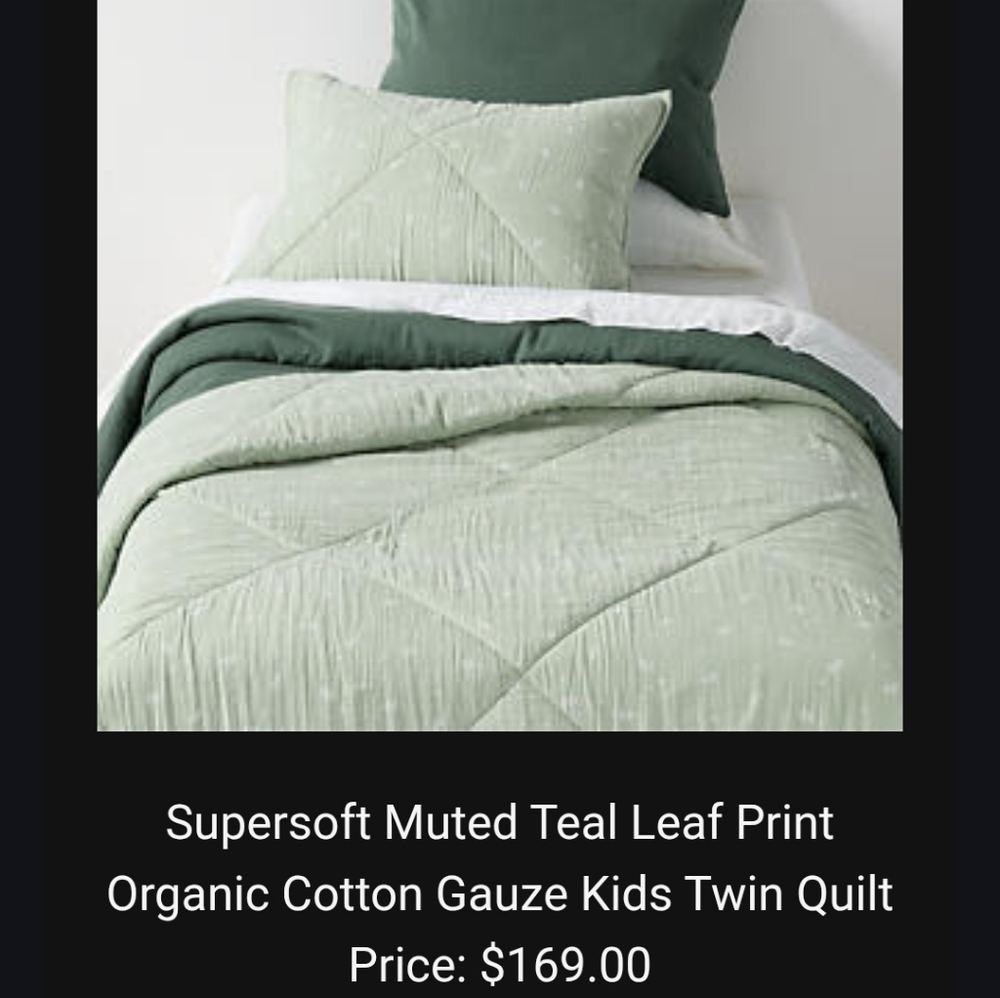 CRATE & BARREL Leaf Print Quilted Comforter, Pillow Sham, And Sheet Set NWOT